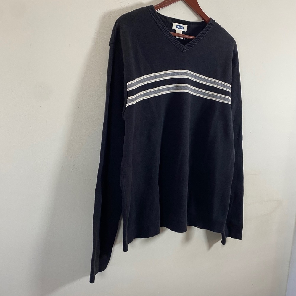 Old Navy Knit V-Neck Black Sweater White Gray Stripes Men's XL Cotton Grunge - Picture 3 of 6